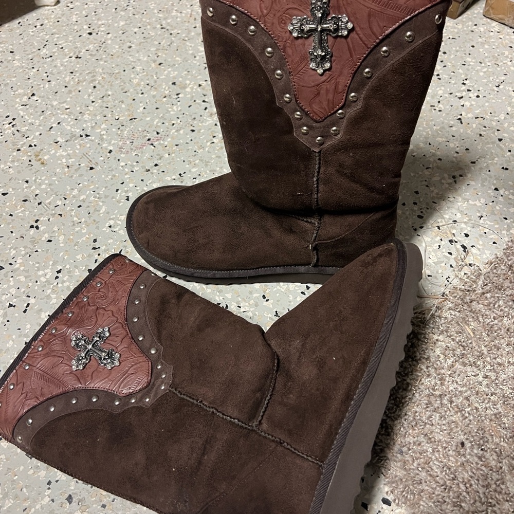 Brown Boots with Cross Detail and Stud accesnts
